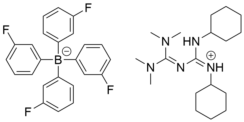 (Z)-{[Bis(dimethylamino)methylidene]amino}-N-cyclohexyl(cyclohexylamino)methaniminium tetrakis(3-fluorophenyl)borateの分子式